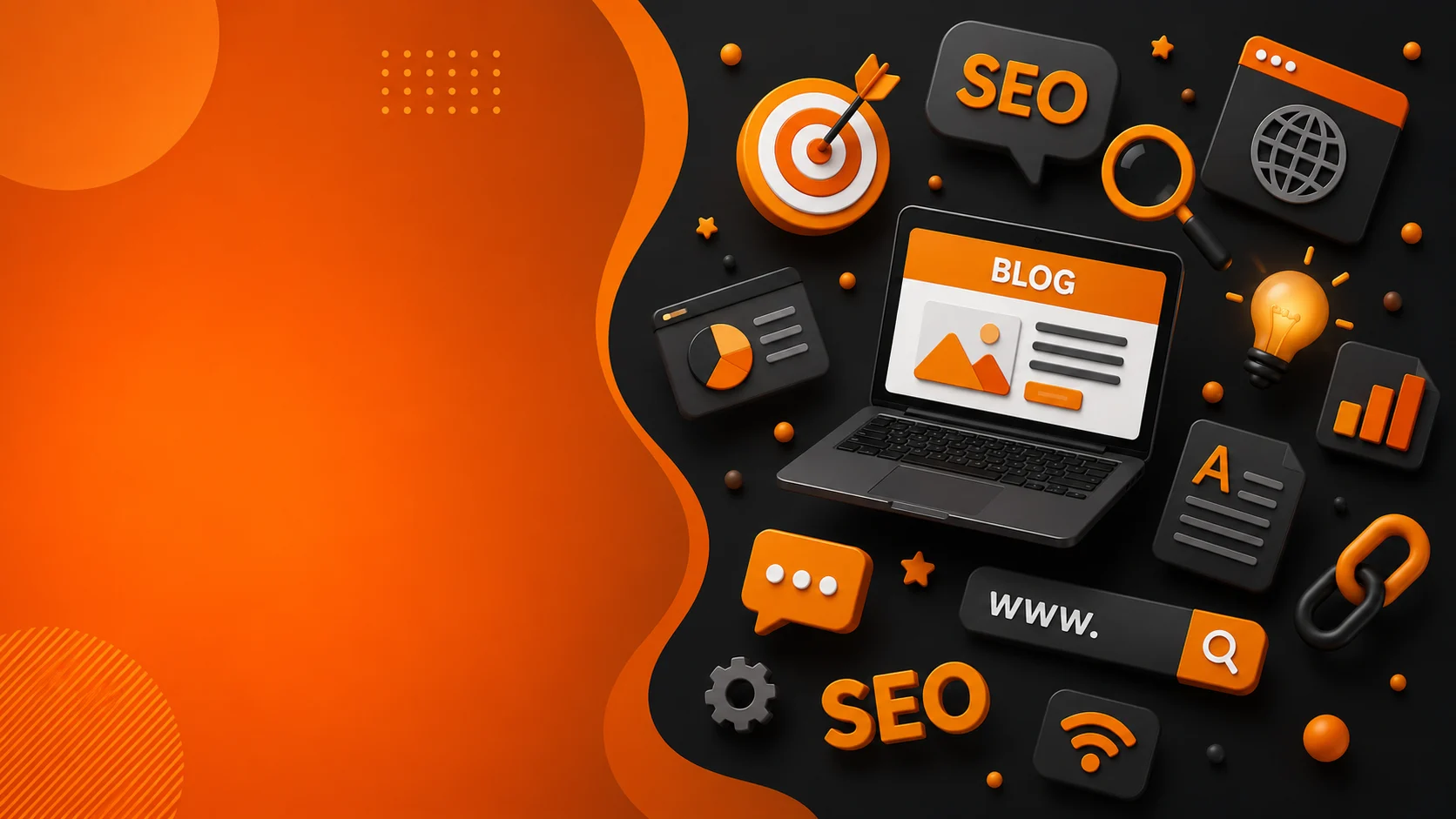 Ilustrasi blog dan SEO: laptop menampilkan layar BLOG dikelilingi ikon SEO, grafik, chat, dan elemen digital