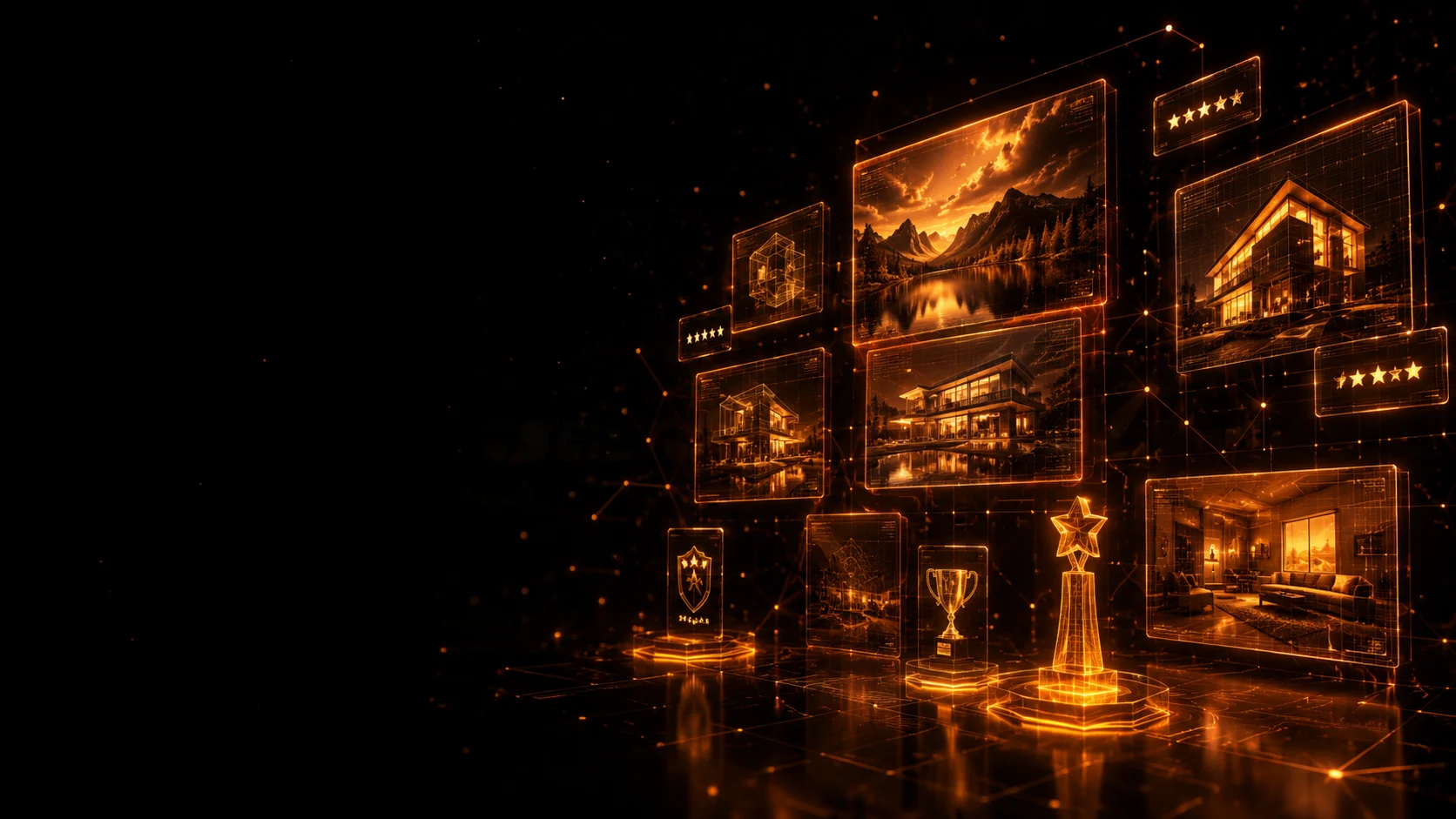 Ilustrasi galeri portofolio: deretan bingkai project website bercahaya oranye dengan piala dan bintang penghargaan