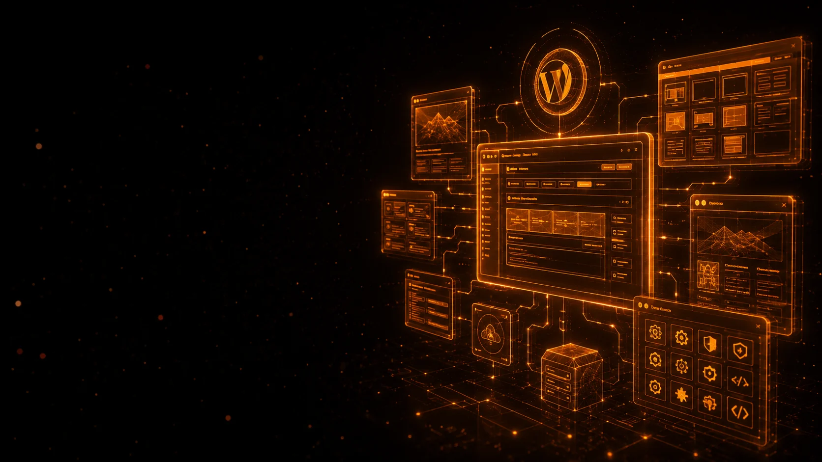 Ilustrasi dashboard WordPress bercahaya oranye dengan panel admin, widget, dan grafik di atas grid data